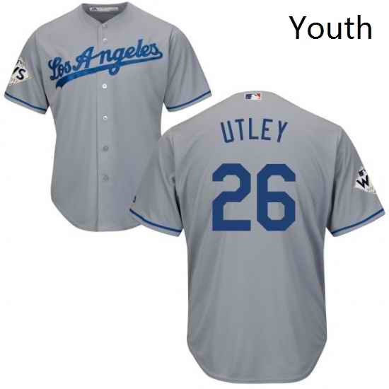 Youth Majestic Los Angeles Dodgers 26 Chase Utley Authentic Grey Road 2017 World Series Bound Cool Base MLB Jersey